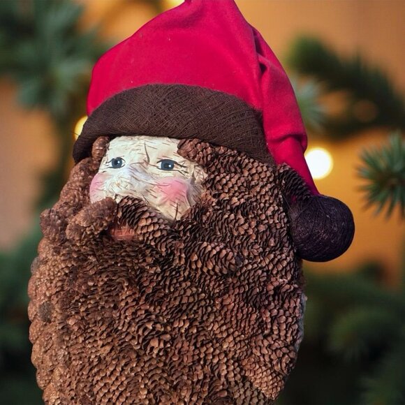 Rustic Pinecone Beard Santa Wall Hanging – 12” Woodland Christmas Decor, Natural - Picture 4 of 7